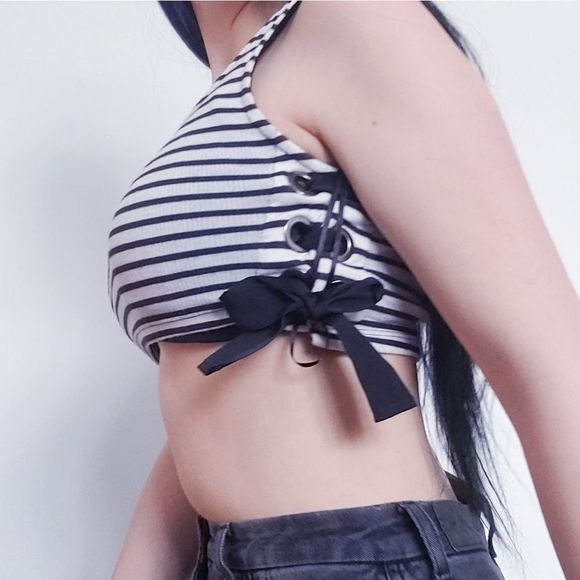 BlueSteel Cropped Striped Tank with side lacing - Picture 2 of 11